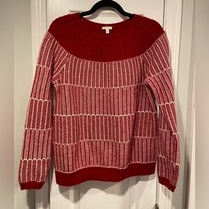 Talbots Size M red White Cotton Blend Waffle Cable Knit Crew Neck Sweater